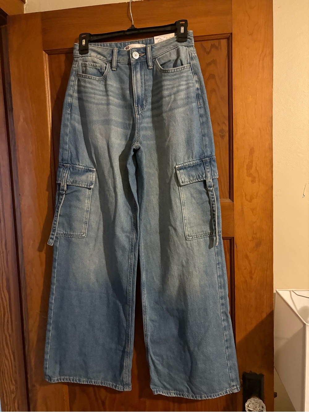 SO Light Blue Wide-Leg Cargo Jeans for Women